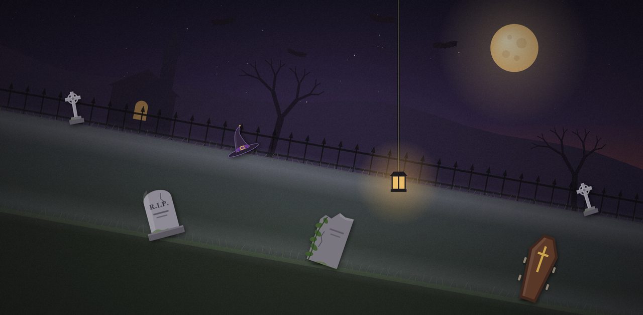 A moonlit graveyard of crooked tombstones on a hill